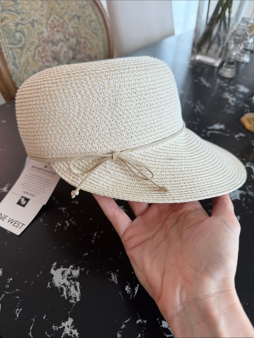 NWT Nine West Light Cream Straw Visor with Bow Trim